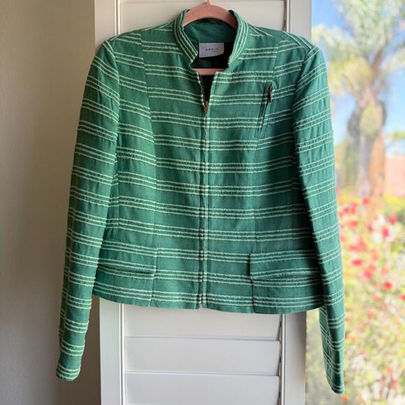 Akris Punto 100% Silk Tailored Cropped Jacket in Striped Green size 10 M - Picture 3 of 16